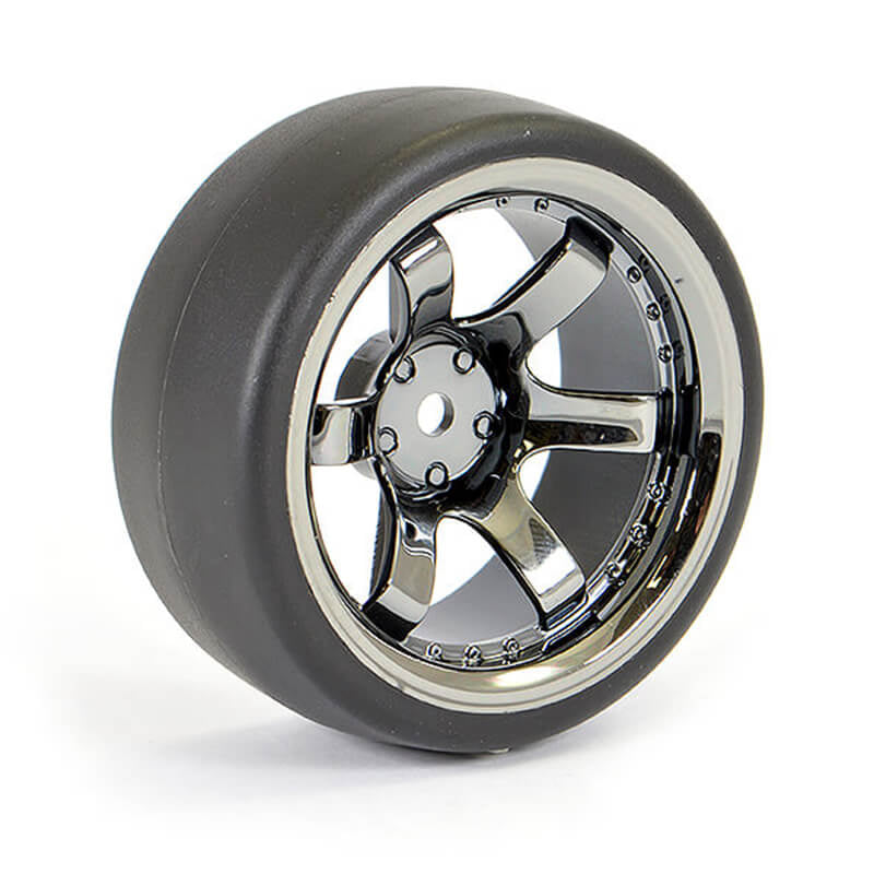 FASTRAX 1/10 (4) DRIFT D1 TYRE w/9MM 6-SPOKE WHEEL- BK CHROME