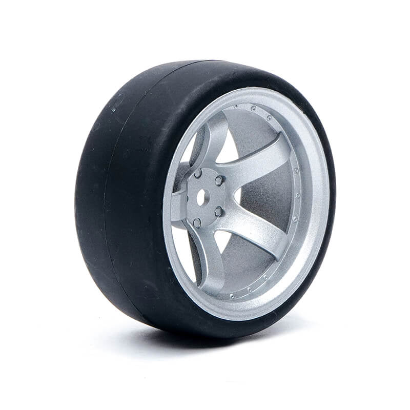 FASTRAX 1/10 (4) DRIFT D1 TYRE w/9MM 5-SPOKE WHEEL- SATIN SIL