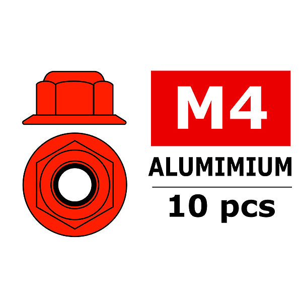 CORALLY ALUMINIUM NYLSTOP NUT M4 FLANGED RED 10 PC