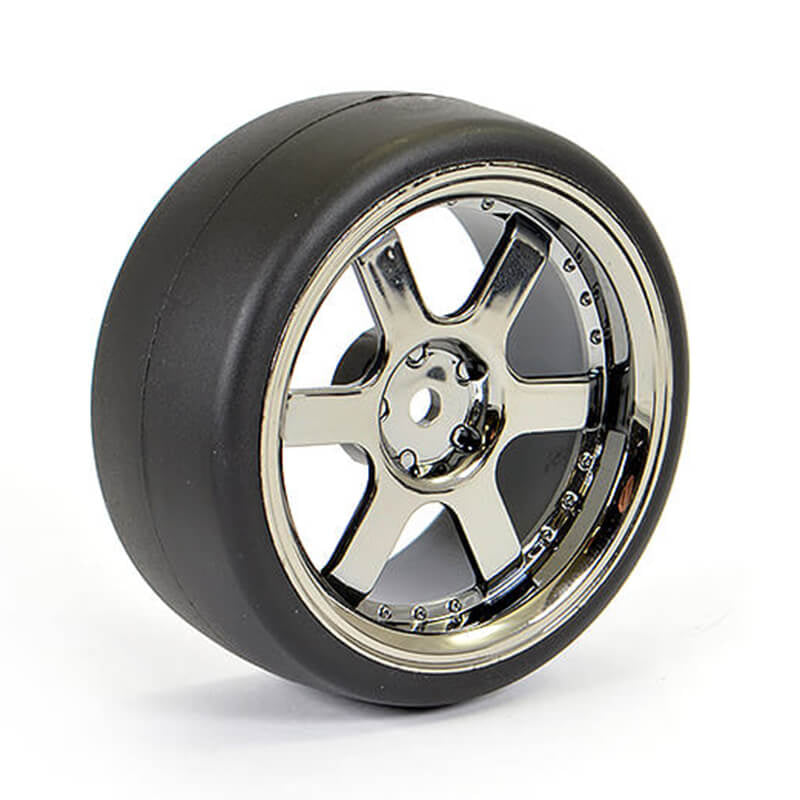 FASTRAX 1/10 (4) DRIFT D1 TYRE w/3MM 6-SPOKE WHEEL- BK CHROME