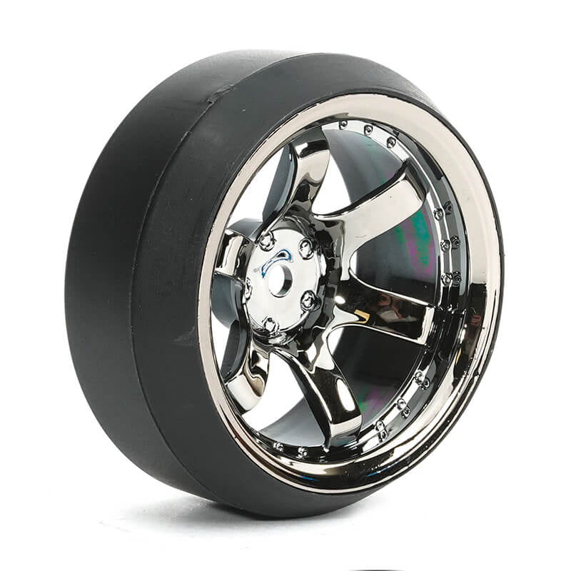 FASTRAX 1/10 (4) DRIFT D3 TYRE WITH 9MM 6-SPOKE WHEEL - BLACK CHROME