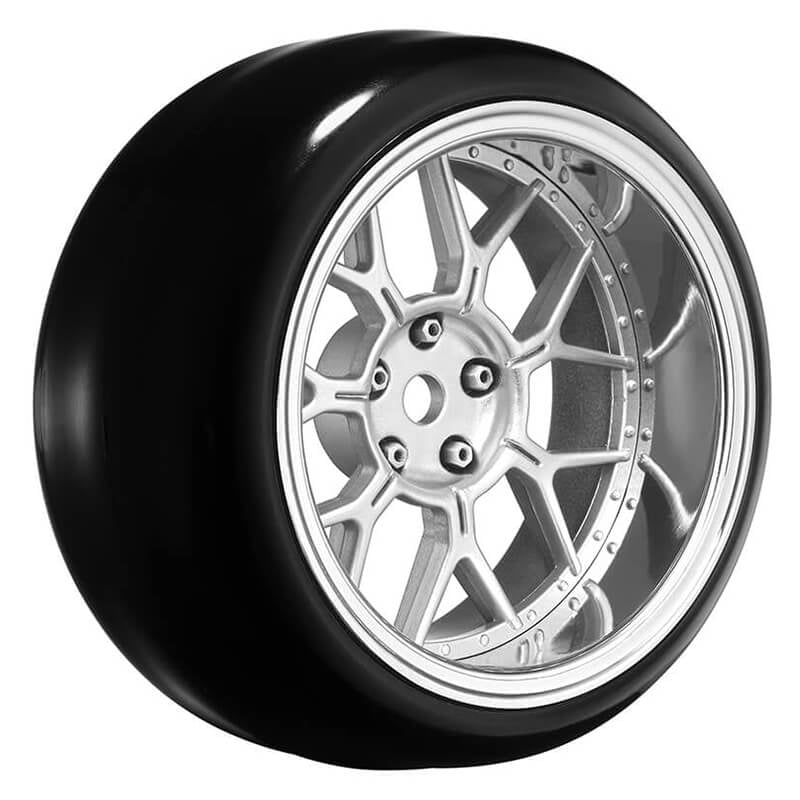 LOUISE RC 1/10 DRIFT 2,4,6,8MM OFFSET 14-SPOKE WHEELS MATTE SILVER WITH TYRES